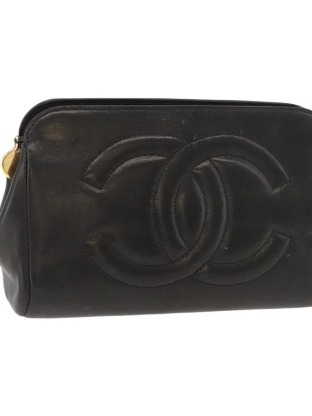 CHANEL Pouch Lamb Skin Black Gold CC Auth bs35075